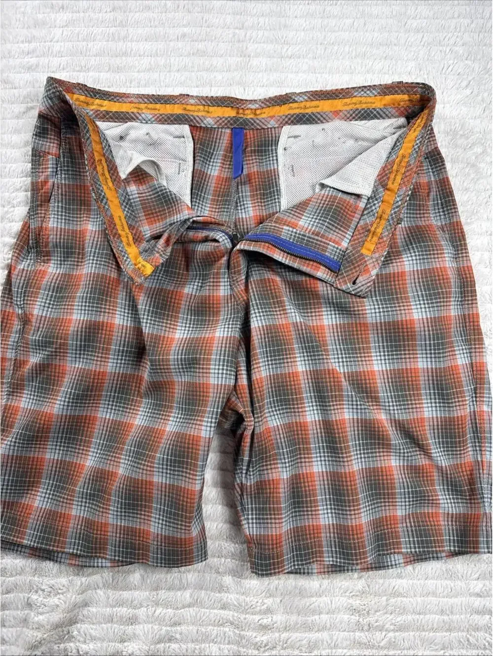 Tommy Bahama Paradise Tech Men Size 39x9” Orange Plaid Performance‎ Shorts Mesh